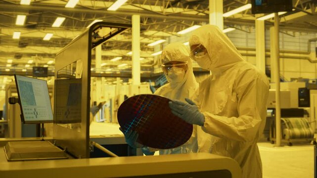 Cleanroom Technicians Hold Silicon Wafer in a Advanced Semiconductor Fabrication Facility. High Tech Machinery, Lithography Etching Equipment, Precision of Modern Microchip Production Processes.