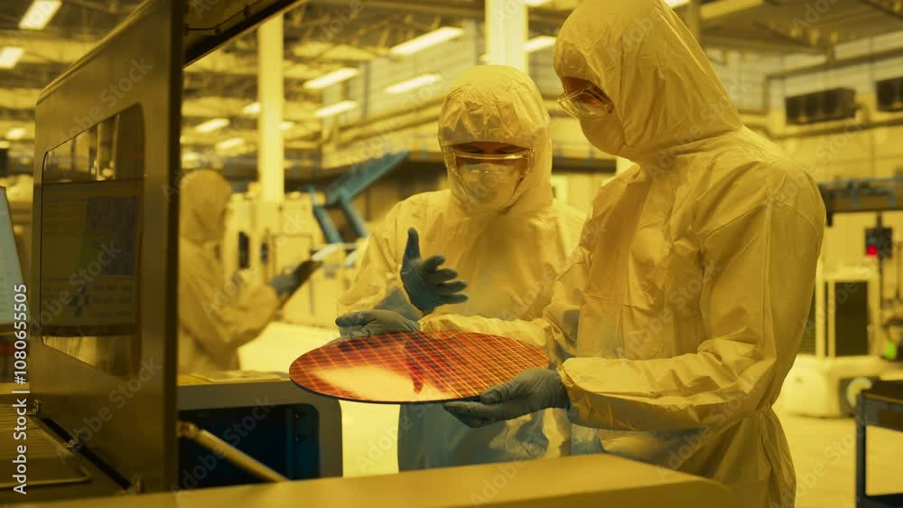 Poster semiconductor fabrication process: engineers in cleanroom inspect a silicon wafer, photolithography 