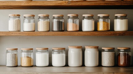 Glass jars and ceramic containers storing food promoting sustainable living in kitchen pantry