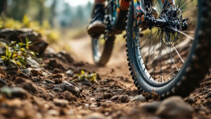 Close-up of a bicycle tire on a dirt road ready for adventure, fitness, and active lifestyle in outdoor cycling sports and travel.