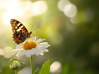 Obraz premium Vibrant Butterfly perched on a delicate Daisy in a sunlit garden, showcasing intricate patterns and colors against a bokeh blurred background