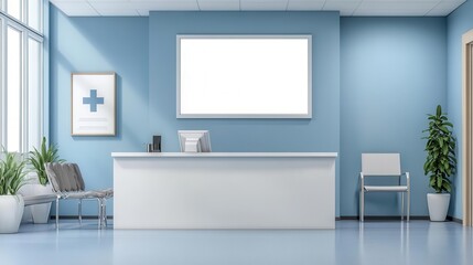 Reception area in clinic with blank sign for adding logo, hospital graphic, welcoming space