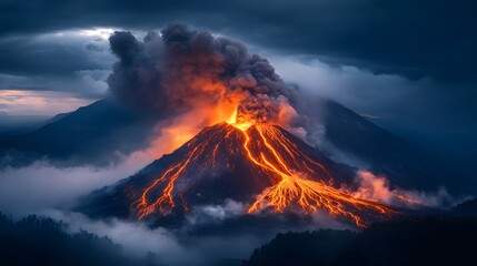Fototapeta premium Erupting volcano with smoke and lava flowing down the side.