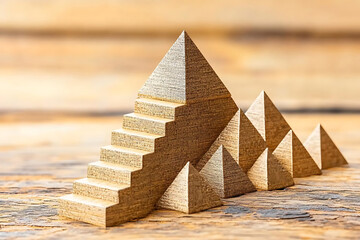 3D geometric shapes practice. Cascading wooden pyramids with steps create unique geometric display, showcasing craftsmanship and design. Perfect for decor or educational purposes