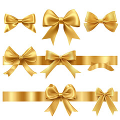 Set of golden, gold gift box and ribbon isolated on transparent background.