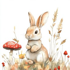water color illustration of composition of bunny and mushrooms for children's books on white background
