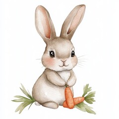 water color illustration of composition of bunny and carrot for children's books on white background
