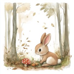water color illustration of composition of bunny in forest for children's books on white background