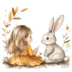 water color illustration of composition of bunny and girl for children's books on white background