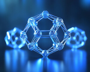 3D geometric shapes practice. stunning visualization of floating polyhedrons in space, showcasing intricate geometric shapes with glowing blue hue, creating sense of depth and wonder