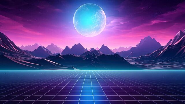 Surreal Futuristic Landscape with Neon Pink Sun and Palm Trees in Retro Grid Style. Synthwave Vaporwave Aesthetic