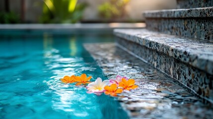 Three frangipani flowers floating in a clear blue swimming pool.