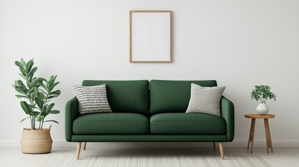 Modern interior design featuring green sofa, minimal decor, and houseplants