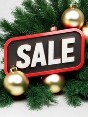 Festive sale sign surrounded by Christmas decorations and ornaments.