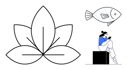 Abstract lotus flower, geometric fish design, woman with ponytail using tablet. Ideal for design, mindfulness, technology, art, lifestyle nature education themes. Line metaphor
