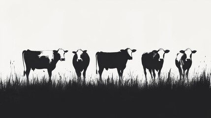 Obraz premium Minimalist black and white illustration of five cows in silhouette, standing in a field, showcasing modern art style.