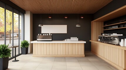 Fototapeta premium Brightly Lit Modern Coffee Shop Interior with Showcase and Inviting Ambiance