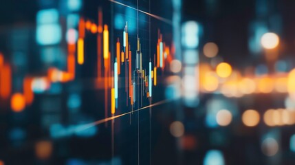 A close-up of a stock market chart on a screen with a blurred city lights background.
