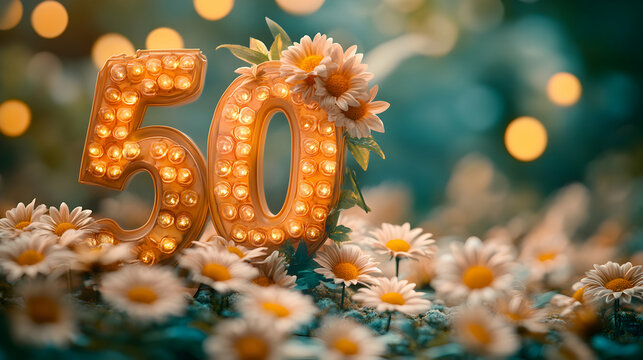 Illuminated Number Fifty Celebrates Amidst a Field of Daisies in a Dreamy Setting - Powered by Adobe