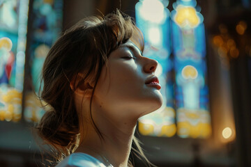Generative AI Portrait of Peaceful Person in Church with Radiant Light and Religious Reverence
