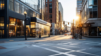 Obraz premium Urban street scene at sunset with modern glass buildings and traffic lights reflecting sunlight, featuring pedestrian sidewalks and parked cars.