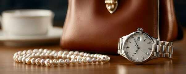 Luxury Investment Essentials - Elegant Handbag Designer Watch and Pearl Necklace Showcased in a Sophisticated Setting Symbolizing Asset Value and Timeless Style