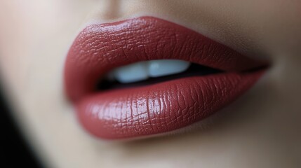 Close-up view of a person's lips showcasing rich red lipstick, highlighting the texture and vibrant color in a smooth, elegant finish