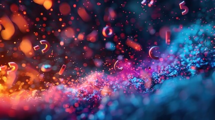 Abstract background with colorful particles and metallic numbers.