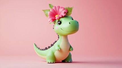 Naklejka premium Cute green baby dinosaur wearing a pink flower crown