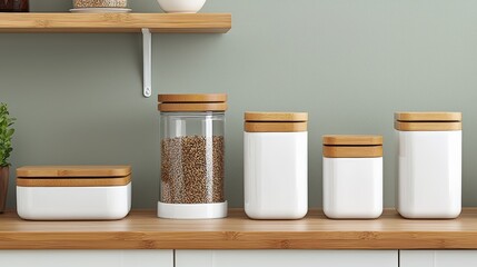 Kitchen decluttering with organized white containers and bamboo lids promoting zero-waste aesthetic