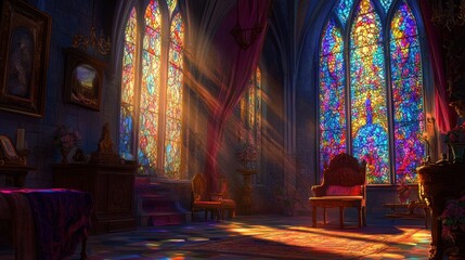 Obraz premium Cathedral window with vibrant stained glass, soft light filling the room, intricate detailing, and room for copy -