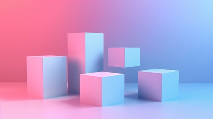 Obraz premium Minimalist 3D rendering of floating cubes with a pink and blue gradient background, showcasing modern geometric design.