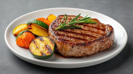 A perfectly grilled steak served with a colorful medley of roasted vegetables on a white plate.