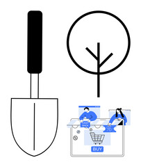 Garden trowel next to a tree symbol, person shopping online with cashback and discounts, shopping cart, BUY button. Ideal for gardening, sustainability, e-commerce, digital marketing, cashback