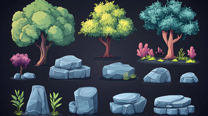Cartoon 2D Game Assets: Trees, Rocks, and Plants for Fantasy Game Development