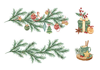 Christmas Watercolor Fir Branch with Christmas Tree Decorations. Banner, Sticker, New Year Card. Christmas Gift Box, Christmas Drink on Wooden Stand with Gingerbread Cookies