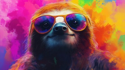 Naklejka premium Cool sloth with sunglasses against a bright, lively background, combining humor and style in a quirky, colorful image.