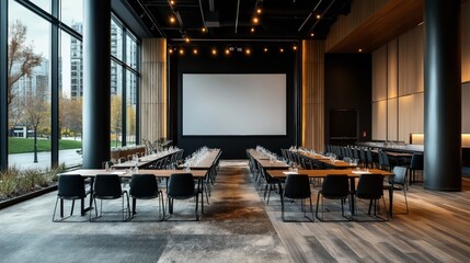 Modern conference room with large windows, arranged tables and chairs, a central projection screen, and ambient lighting, overlooking an urban exterior with trees and buildings.