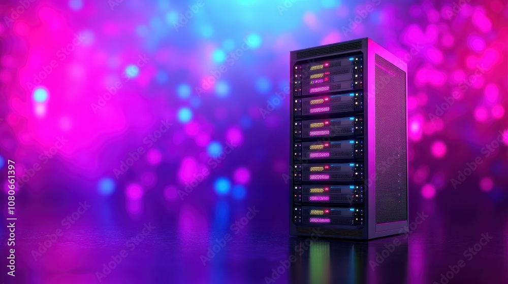 Poster a futuristic server tower surrounded by colorful, abstract lighting, emphasizing technology and digi