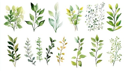 Illustrations of ornamental plants. A collection of watercolor depictions highlighting leaves, stems, and linear patterns. Ideal botanical designs for home styling, wall coverings, and displays