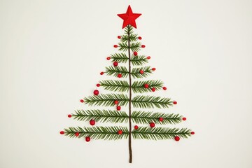 Minimalist christmas tree with red star and ornaments on white background.