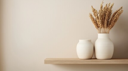 Wheat in white vase decorating minimalist wooden shelf