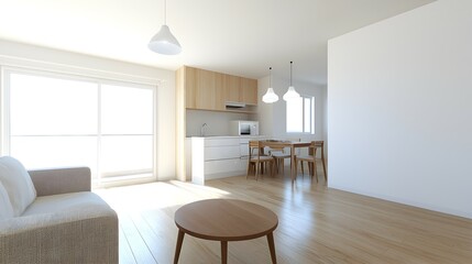 Fototapeta premium Stylish Modern One-Bedroom Condominium with Cozy Minimalist Aesthetic - Bright and Airy Interior Featuring Light Wood Accents and Compact Kitchen