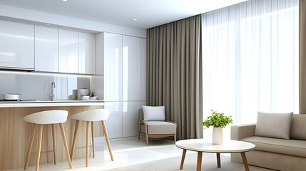 Fototapeta premium Elegant Modern Studio Apartment with Open Layout - Stylish Urban Retreat Featuring Neutral Tones and Minimalist Design