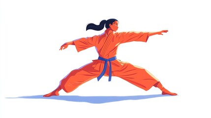 a 2D cartoon illustration of a person practicing martial arts, disciplined and skilled, white background--ar 16:9