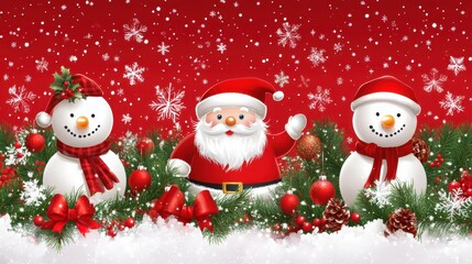 Christmas elements: Santa, snowman, baubles, gifts, and ribbon. Vibrant vector for greeting cards, stickers, and posters.