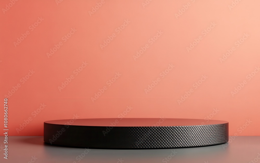 Poster A minimalist black circular object on a grey surface against a soft coral background, emphasizing simplicity and modern design.