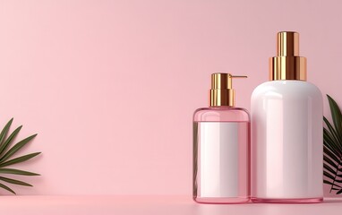 Elegant cosmetic bottles on a soft pink background, featuring minimalistic design, perfect for beauty and skincare branding.
