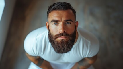 Obraz premium lonely man sitting in white t-shirt and looking up at camera. handsome man with beard