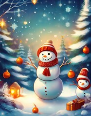 Fototapeta premium Cute Snowmen in Christmas Scene